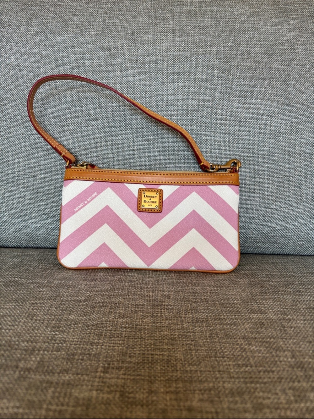 Dooney & Bourke Pink and White Chevron Mini Wristlet with Tan Trim